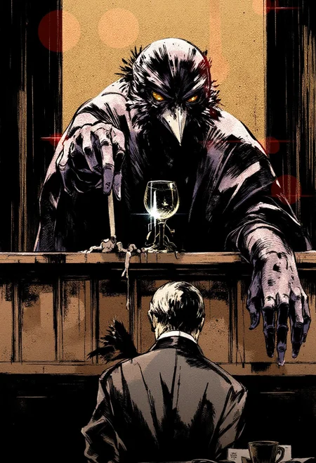 <lora:Yoji_Shinkawa_Style_FLUX-000012:0.9>
This is a digital illustration in a manga-inspired, dark, and gritty yshinkawa style. The artwork features   A crow as a judge presiding over a courtroom.