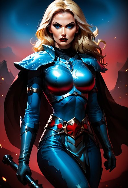 MILF, 32 years old, blonde hair, black leather vampire cape, sloppy wavy hair, sexy red boots, revealing outfit, red lips, mascara, eyelashes, hourglass figure, strong, big blue eyes, seductive, mature female, m1lfm3t3r, anezaki mamori, masterpiece, highest quality, realistic skin texture:1.5, high, tear shaped boobs, drow ranger, drow ranger \(dota2\), Masterpiece, 32k, photorealistic:1.4, score_9, score_8_up, score_7_up, small waist, wide hips, high cheekbones, oval face, slim waist, wide hips, thick thighs, full hips, DARK SIDE \(PICTURE BOOK\), NO FACE, colorful background, vivid colors, volumetric light, cinematic light, extremely detailed, bgbrda, top, bodysuit, helmet, armlet, bracelet, gloves, chainmail, skirt, boots, holding weapon, holding rod, eldar, armor, dynamic pose.