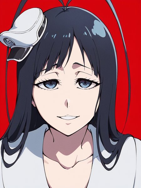 score_9, score_8_up, score_7_up,  
1boy, androgynous, giselle gewelle, blue eyes, black hair, long hair, antenna hair,

minihat, white dress, collarbone, 
face, close-up, red background,

looking at viewer, smile, parted lips, narrowed eyes,
