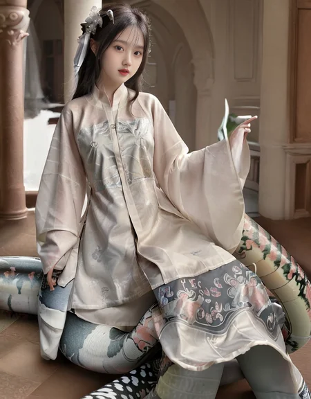 fantasy,( digital art), ultra detailed background, white HanFu, black long hair,
(full body),(((white lamia))) , 
(high detailed skin:0.8), (visible pores:0.6), 


beauty,(masterpiece:1.0), (best quality:1.0), (ultra highres), (8k resolution:1.0),(realistic:1.0),(ultra detailed1:0), (sharp focus1:0), (RAW photo:1.0) ((narrow waist)) ,(arms behind back:0.2),(best illustration),

detailed eyes,cute,pretty,(pale skin:1.2), (smiling:0.8), (Grin:0.4),(looking at viewer:1),((little girl:1.3)),(happy:1.2),cute,Firm breasts,(cleavage:0.5),Perky breasts,Round breasts,Perky  ass, Voluptuous breasts,


(realistic, photo-realistic:1.37),  shade,  ((Professional travel photos)), vibrant details,  anatomical,  extremely delicate and beautiful,  finely detailed,  masterpiece, rim lighting, (high detailed skin:1.2), soft lighting, high quality, volumetric lighting,  high resolution,  natural lighting,  photon mapping,  radiosity,  physically-based rendering,