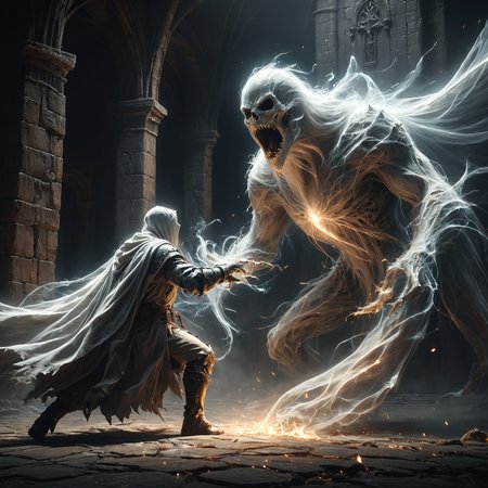 mage fighting a huge ghost made of mad-wsps in dark dungeon, Bosstyle, dynamic pose, cinematic shot, dramatic lighting<lora:Wisps_of_Light_SDXL:0.5> <lora:XL_boss_battle:0.8> 0.6>, masterpiece, best quality, ultra high res, (photorealistic, realistic:1.2), deep shadow, raw photo, film grain, Fujifilm XT3, 8k uhd, dslr