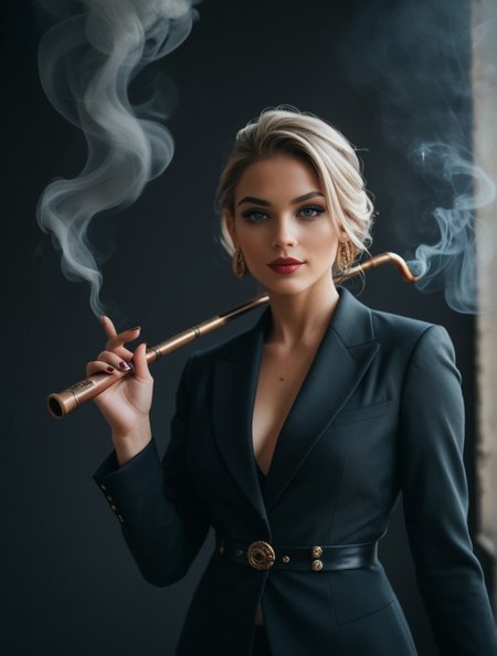 (lady, smoke pipe:1.2),(costume, clothing:0.8),person, performer, looking at viewer, score_9, score_8_up, score_7_up, score_6_up