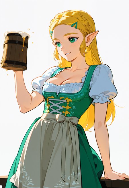 1girl, solo, dirndl dress,apron,puffy short sleeves, princess_zelda,beer mug,