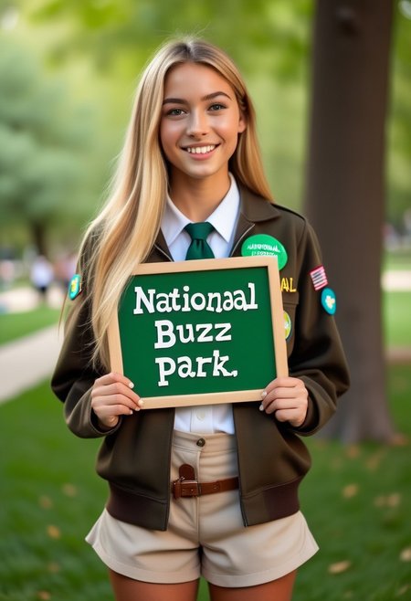 score_9, score_8_up, score_7_up, woman in her 20s, caucasian, beautiful face, long blonde hair,  brown eyes, toned, slender, freckles, wearing girl scout uniform, smiling, in a park, holding a decorated green sign with text: "National BUZZ park" 