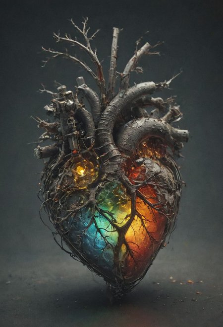 mechanical  heart, bleading oil, glowing veins, multicolor
Wide range of colors., Dramatic,Dynamic,Cinematic,Sharp details
Insane quality. Insane resolution. Insane details. Masterpiece. 32k resolution.
<lora:add-detail-xl:0.95> <lora:dvr-lnds-sdxl:0.3> dvr-lnds-sdxl <lora:MJ52:0.25> <lora:ral-apoctvisn-sdxl:0.3> ral-apoctvisn <lora:zavy-cntrst-sdxl:0.35> dark, chiaroscuro, low-key <lora:zavy-rmlght-sdxl:0.41> zavy-rmlght <lora:SDXLFaeTastic2400:0.225>