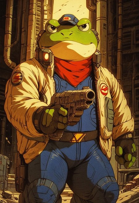 score_9, score_8, score_7, score_6, 1boy, solo, knva, retro artstyle, science fiction, Slippy Toad, chubby, anthro furry, furry male, spaceship, dynamic pose, serious, (((gun, sci-fi gun)))