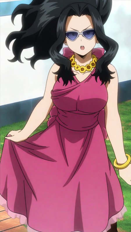 source_anime, masterpiece, best quality, amazing quality, anime screencap, high quality, 8k, absurdres, official style, 1girl, solo, standing, looking at viewer, :o, <lora:Momo_Yaoyorozu_iL:1>, m0m0 y40y0r0zu, black eyes, black hair, kamino ward outfit, alternate ponytail, long hair, magenta dress, breasts, sunglasses, boots, jewelry, necklace, bracelet,