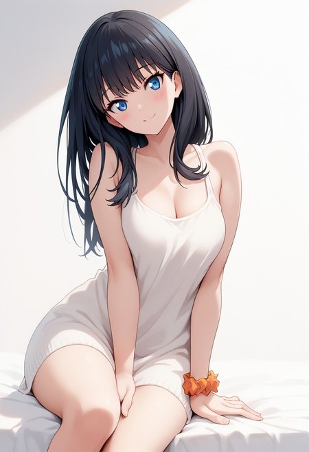 (score_9, score_8_up, score_7_up)(masterpiece, best quality, extremely delicate, beautiful, highres, original),  1girl, Takarada_Rikka, black hair, solo, blue eyes, wrist scrunchie, long hair, men's thigh-length white shirt perky breasts, cleavage, pretty face, art by mooncryptowow, looking at viewer, smile, blush, bare shoulders, closed mouth, whithout background