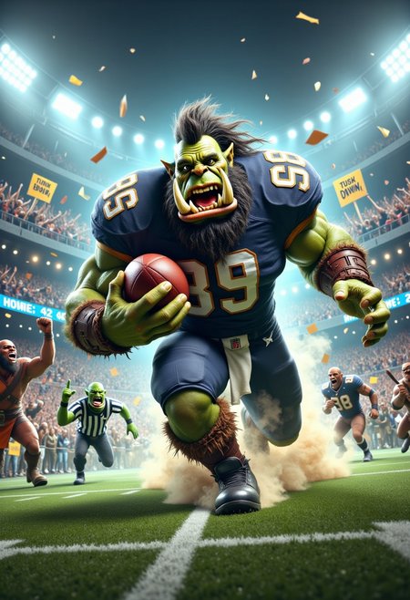A massive, muscular orc in full American football gear—helmet, shoulder pads, and a tight jersey that barely contains his bulging muscles—is charging down the field. His helmet is slightly too small, squishing his tusks awkwardly to the sides, and his green skin glistens with sweat under the stadium lights. He’s clutching the football in one hand like it’s a precious treasure, his other arm outstretched to fend off imaginary defenders.
The background is a packed stadium filled with roaring fans—humans, orcs, goblins, and trolls—all waving foam fingers and holding signs that say things like "GRONK SMASH!" and "TUSK DOWN!" The field is torn up from the orc’s powerful strides, and a trail of dust and grass flies behind him as he runs.
In the distance, a terrified referee (a tiny goblin) is hesitantly reaching for a yellow flag, while the opposing team—a group of skinny humans in mismatched armor—looks on in horror. The scoreboard in the background reads: "Home: 42 | Visitors: 0."
The orc’s expression is a mix of fierce determination and pure joy, as if he’s having the time of his life despite the chaos he’s causing. The scene is both epic and hilarious, capturing the absurdity of an orc dominating the football field.