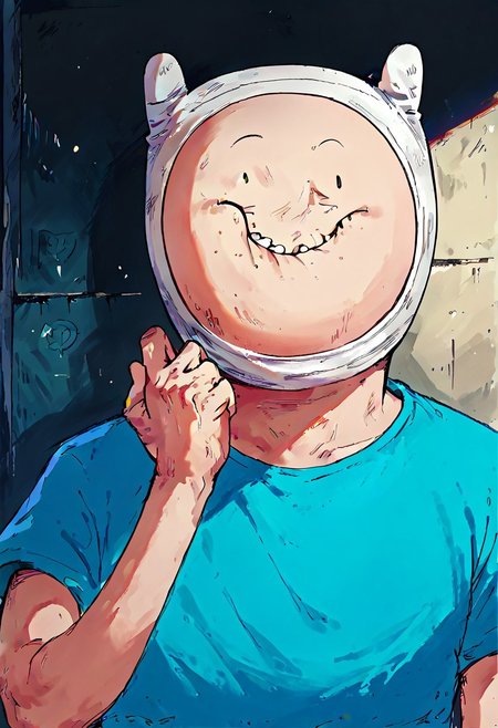 score_9, score_8_up, score_7_up,  MEATMAN f1nn4,1boy,finn the human,adventure time,solo, portrait,smile, face punch,<lora:Adventure_Time_Style_LORA:1> dot eyes, blue shirt