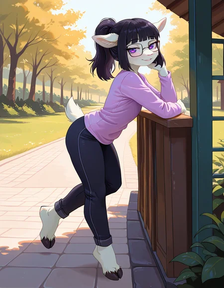 masterpiece, best quality, very aesthetic, absurdres,
outdoors,
full body, seductive smile, parted lips, long eyelashes,
 <lora:Tala_v01_NAIXL:1>
T4l4,1girl,solo,furry,furry female,black hair,animal ears,ponytail,blunt bangs,purple eyes,glasses,snout,animal nose,body fur,white fur,tail,hooves,