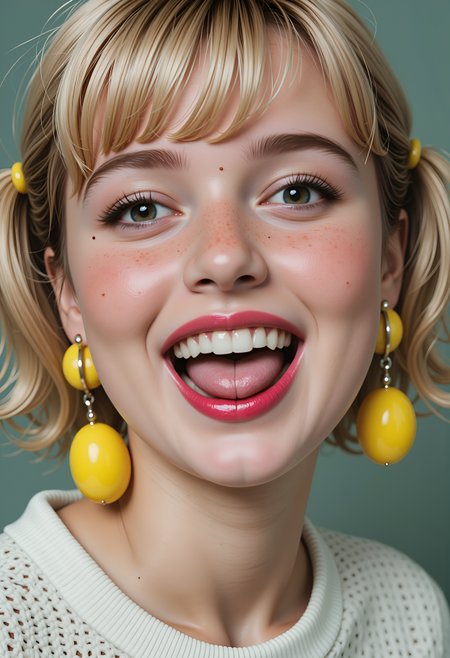 (monica woman:1.2),  beauty shot, (breathtaking closeup portrait of beautiful monica:1.2),  (amazind detailed cute face, erotic eyes, snub nose, blonde hair, pixie bob hair, perky grinning, winking, one eye clothed, tongue out, looking at viewer, blush, freckles, mole on face, lipstick, kissable lips, kinky big yellow plastic earrings, plastic brooch:1.2)   masterpiece of art:1.2),  highest quality, 32k, intricate details, <lora:flux_monica_woman_fictional_epoch_5:0.85>, , , , ,