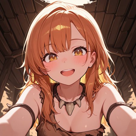masterpiece, best quality, 32k, high resolution, absurdres, cavewoman, 1girl, solo, POV, looking at viewer, blush, smile, open mouth, upper teeth only