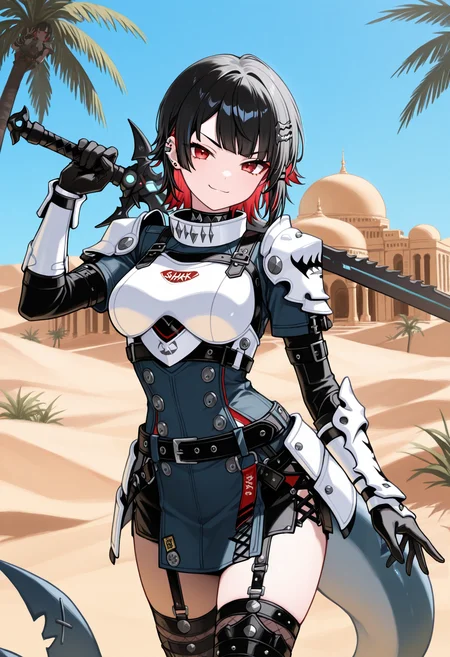 masterpiece, best quality, 1girl, solo, ellen joe, black hair, colored inner hair, multicolored hair, red hair, short hair, two-tone hair, ear piercing, piercing, fins, fish tail, shark girl, shark tail, tail, armor, breastplate, shoulder armor, white armor, 4r4bi4n, middle eastern architecture, desert, waving, hand up, red eyes, gloves, boobplate, palm trees, arches, blue sky, looking at viewer, sword over shoulder, sword, holding sword, v-shaped eyebrows, smirk, closed mouth