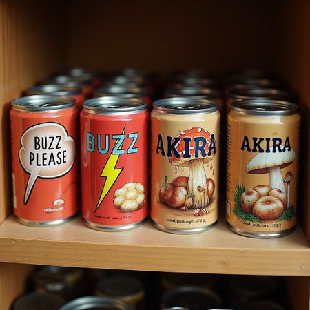 A shelf with food cans on it. One can is labeled "BUZZ PLEASE" and has a picture of a lightning bolt on it. The rest are labeled "AKIRA" with pictures of mushrooms on them.