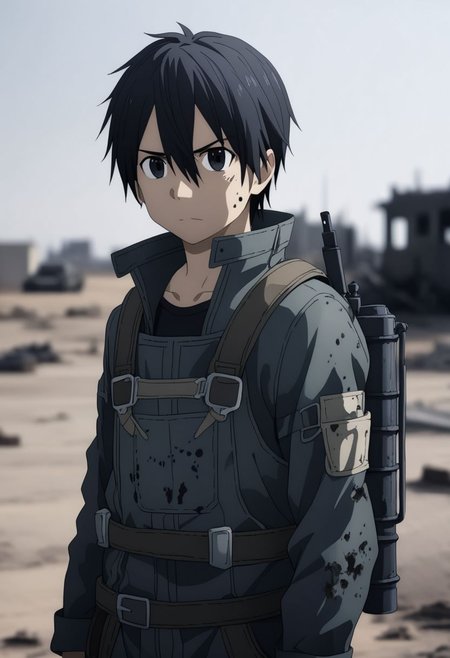 high resolution, professional photography, best quality, 1Boy, Kirigaya Kazuto, Black Hair, Black Eyes, overalldetail, shallow depth of field, Post-Apocalyptic, survival