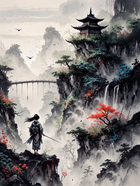 famous artwork, masterwork, traditional east asian ink wash painting, a breathtaking vision of the floating peaks of zhangjiajie unfolds in delicate ink washesâtowering sandstone pillars rising from a sea of ethereal mist, their sheer cliffs adorned with brushstrokes of lush vegetation. small accents of wildflowers add quiet bursts of color, while the interplay of ink tones and negative space enhances the vastness of the scene, evoking a dreamlike, almost otherworldly atmosphere. in the foreground, a lone woman in flowing, traditional chinese robes stands at the precipice, her delicate figure rendered in elegant, fluid lines. her gaze is lost in the endless expanse of peaks and mistâa symbol of solitude and contemplation. though small in scale, her presence carries a profound weight against the overwhelming grandeur of nature. soft, diffused light filters through the mist, delicate rays piercing the swirling clouds, casting subtle shadows on the rugged stone. distant peaks dissolve into faint, pale ink washes, their forms barely distinguishable from the sky, reinforcing a sense of depth and infinite expanse. the delicate silhouettes of birds in mid-flight glide through the mist, their outstretched wings fading into the haze. a narrow, winding mountain path emerges through expressive, calligraphic strokes, leading to an intricately inked wooden bridge suspended between two peaks. at the heart of the composition, an ancient temple in traditional chinese style perches atop a towering pillarâits curved roof and ornate eaves blending seamlessly with the landscape, embodying a spirit of timeless serenity. the brushwork is masterful, combining precise detailing in the rocky cliffs and trees with expressive, sweeping strokes for the clouds and sky. deep black ink defines the most prominent elements, while lighter washes create depth and softness. the paintingâs composition embraces the philosophy of balance, contrast, and impermanence, capturing the sublime beauty of nature and humanityâs quiet reverence before it. accents of deep green, reddish brown, and the occasional burst of vibrant blue or teal breathe life into the scene, with the rich hues of wildflowers and autumn-tinged leaves subtly contrasting against the muted, earthy tones of stone and water. fine details in the brushwork capture the intricate play of light and shadow on the foliage, with trees in shaded areas appearing as stark, dark silhouettes against the pale sky. dynamic yet harmonious, the scene conveys a profound sense of tranquilityâbalancing stillness and motion, light and shadow, nature and artistry. the paintingâs masterful control of ink wash techniques results in a dreamlike vision of a hidden mountain sanctuary. shot on textured rice paper, with delicate natural fibers visible throughout, the subtle ink washes and carefully placed color accents evoke a masterful blend of traditional craftsmanship and poetic expression, ovg, ink and brushstroke dismrt style, <lora:image_enhancer-flux-by_dever:0.72> <lora:style-mystic_sumi-v4-by_dark_infinity:1.0>