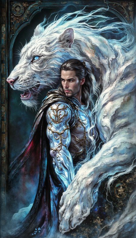 ghiblistyle,mythp0rt,ArsMJStyle, Stained Glass, A diaphanous depiction of a young man with alabaster skin and flowing silver hair, his visage melancholic as he leans against a spectral white tiger. Render the scene in a painterly, ethereal style, emphasizing the interplay of light and shadow on their forms. The man, adorned in an opulent yet understated ensemble of black and white, rests his head upon the tiger's flank, his expression imbued with a wistful serenity. The tiger, rendered with an almost phantasmagorical realism, gazes outward, its icy blue eyes harboring an inscrutable depth. The background, a serene wash of muted grays and blues suggestive of a traditional East Asian architectural motif, should serve as a foil to the central figures, its nebulous forms enhancing the dreamlike quality of the composition. Utilize a soft chiaroscuro lighting scheme, emphasizing the tactile nature of the subjects' skin and fur while obscuring superfluous details, further enhancing the melancholic beauty and otherworldly serenity of the scene.