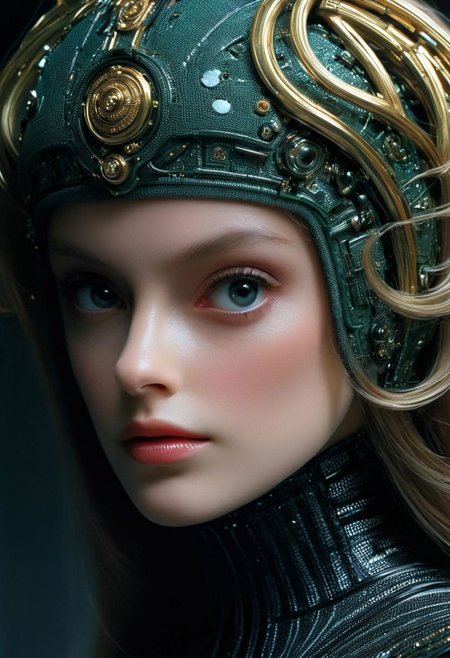 Stylized By Franco Fontana: Closeup Portrait, Hyperdetailed awesome Sci-fi Versace Advertisement, dark retro beautiful busty Female Borg, pureerosface_v1 blushed Smile from below, thin face, blushed, Freckles, on the Enterprise in bedroom, very detailed, HD photorealistic, hyper realistic, masterpiece, Explore the somber tones and bleak atmosphere in your depiction, a slender, busty and shy woman in her twenties, living in a picturesque village. Focus on her tousled dark updo, revealing the graceful curve of her neck, Cat like natural eyes framed by freckles. Emphasize her quiet smiling and unassuming nature as she navigates the village with a sense of timidity. Dress her in earthy tones that complement her connection to the natural world.