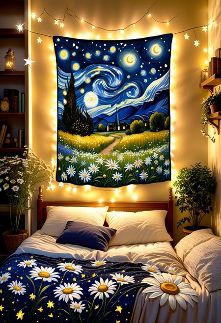renaissance style impressionist painting of an enchanting nightscape, daisies bloom under under a tapestry of stars, daisy petals adorned with celestial patterns, fireflies dance among them like shooting stars, warm moonlight casts an ethereal glow, casting a magical glow upon the nocturnal garden, inspired by Van Gogh's 'The Starry Night'
 . realistic, perspective, light and shadow, religious or mythological themes, highly detailed