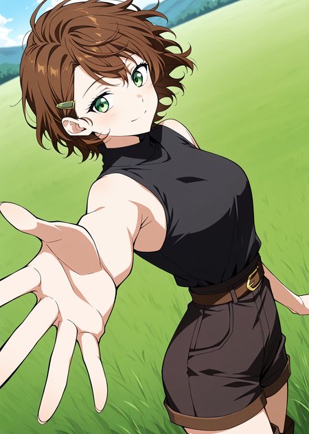 <lora:Caria_Rede__The_Beginning_After_the_End___Illustrious:1>
1 girl, solo, short hair, messy hair, wavy brown hair, green eyes, athletic body, 
sleeveless black turtleneck top, high-waisted dark shorts with belt, side hair clip, thigh-high brown boots with gold trim, anime style
score_9, score_8_up, score_7_up, very aesthetic, source_anime, detailed, high quality, beautiful, masterpiece, detailed eyes, field, blurry background, pose dynamic angle, upper body, cowboy shot, light smile, looking back, reaching out, floating hair