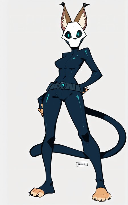 score_9, score_8_up, score_7_up,((best quality)), absurdres, ((full body)), <lora:BolivanteStyle:0.3>, mask,white mask, blue eyes, black sclera, animal ears, furry, female furry,bodysuit, toeless, fingerless, tail, white background,belt, <lora:KaraMWPXL-03:0.9>,KaraMWPXL, cat tail, skin tight,slim, standing,featureless mouth