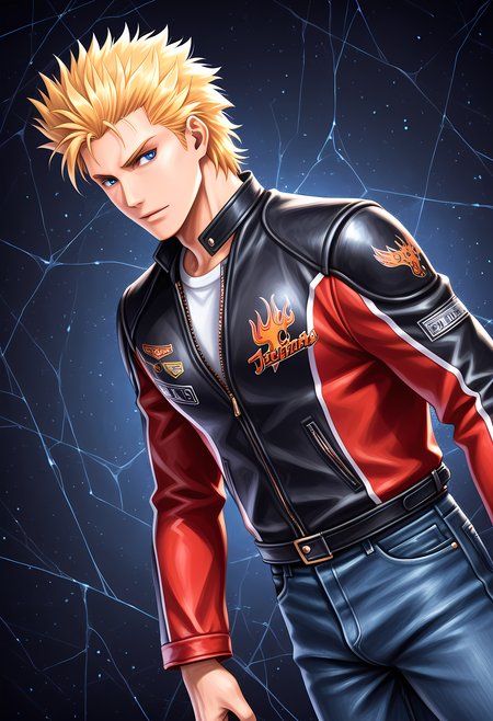 masterpiece, best quality, amazing quality, dutch angle, abstract background, BREAK
solo, male focus, 1boy, vf_jacky, blonde hair, blue eyes, biker jacket, jeans, BREAK
 <lora:cfg_scale_boost:.6>  <lora:Jacky_Bryant_-_Virtua_Fighter_-_ILXL:1>
