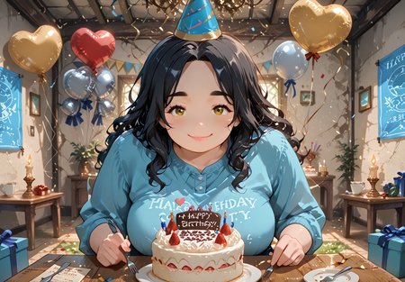 IllusP0s, PonyScores7, source_anime, ah1, IllustriousQual, interesting, exciting, spectacular, wonderful, amazing quality, absolutely eye-catching, 
BREAK <lora:xl_more_art-full_v1:0.2>, <lora:aesthetic_anime_v1s:0.2>, <lora:EpicF4nta5yXL:0.2>, <lora:detailxl:0.2>, detailxl, <lora:Fant5yP0ny:0.2>, amazing quality, best aesthetic, absurdres, illustration, Volumetric_Lighting, ultra-detailed, very aesthetic, intricate details, best_quality,  lazympos, <lora:Add_Details_v1.2:0.4>, <lora:quality_modifiers_masterpieces_v1:0.2>, <lora:ZootPonyAnime_V1_r2:0.2>, <lora:Bestifacator2:0.2>, anime style,
BREAK (((holding balloon))),
BREAK Stable_Yogis_PDXL_Positives, AS-Adult, <lora:Complicated fantasy portrait - XL Pony V2.0:0.2>, bad-hands-5, <lora:HDA_Detailer:0.3>, <lora:natsumi_style:0.2>, <lora:by_usakun-pony:0.2>, by usakun, <lora:Akina_Bbw_Style_-_PonyXL:0.2>, AkinBw, ((urban Explorer fashion style, designed for city adventures, is marked by practical clothing and comfortable shoes, encouraging exploration and discovery in urban environments)),
BREAK 1girl, mature female, (curvy), round-chin, caucasian, <lora:ETO_OC_Illustrius:0.5>, eto_oc, skindentation, (plump), thick thighs, wide hips, busty, voluptuous, <lora:shinyskin2:0.2>, glistening skin, HDA_FatGirlXL, round ass, large breasts, <lora:plussizegirls_IL:0.3>, <lora:plussizegirls_pony:0.3>, <lora:Venus body IXLS3_alpha16.0_rank32_full_last:0.3>, <lora:perfection style:0.2>, perfection style, perfection, 
BREAK ((nanotech specialist, using nanobots to repair damaged ecosystems on a dying planet inventive and meticulous, <lora:yanami anna_makein_illustriousXL_epoch-000076:0.5>, anna-default,  <lora:party-popper-ponyxl-lora-nochekaiser:0.8>, party popper, streamers, confetti, party hat, birthday cake)),
BREAK (curly hair), long hair, (black hair:1.4), (parted hair:1.7), messy hair, kinky curls, <lora:hairdetailpxl:0.2>, hairdetailpxl,
BREAK (brown eyes), (downturned eyes:1.4), expressive eyes, <lora:perfect-eyes:0.4>, perfecteyes, EyesHD, (round face:1.2), (thick eyebrows:1.3), (plump face), lips, <lora:Round_face:0.2>, <lora:DetailedEyes_xl_bdsqlsz_V1:0.2>, <lora:Eyes_Lora_Pony_Perfect_eyes:0.2>, <lora:focusoneyes:0.2>, <lora:cinematic eye color style illustrious v1:0.2>,
BREAK (((smiling at viewer, happiness))), <lora:Expressive_H:0.2>, Expressiveh, <lora:Emotional_Anime_Expressions_PonyXL_Concept:0.2>, emotional, <lora:Best_Facial_Expression_LoRA_PONY:0.2>, looking at viewer, <lora:Detailed expressive EXEV style -XL Pony V1.0:0.2>, FaceDetail, <lora:Best_Facial_Expression_Helper_XTREME_ILLU:0.4>, kaogei,
BREAK (((<lora:TQ_-_Birthday_Backdrops_XL:0.8>, gift, gift box, candle, Charming Party Banner, Paper Triangle Flags for Birthday party, metallic balloon, confetti, happy birthday, heart balloon, birthday cake, birthday party, cake, cup, food, fork, indoors, party hat, plate, table, happy birthday))), <lora:Background Detailer - SDXL:0.2>, 4k, 8k, Ultra HD, Masterpiece, Best quality, Detailed background, <lora:Add_more_details_V2_XLpony:0.2>, full_details, <lora:background-type1:0.2>, <lora:AddMicroDetails_Illustrious:0.2>, addmicrodetails, SmoothNoob_Quality,
