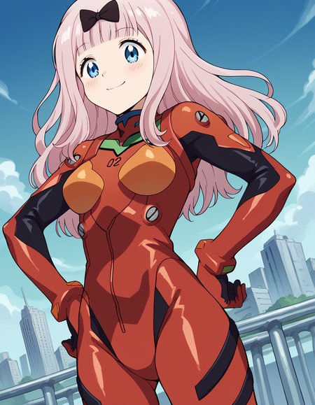 score_9, score_8_up, score_7_up, source_anime, chikafujiwara, <lora:chika-fujiwara-s3-ponyxl-lora-nochekaiser:1>, chika fujiwara, long hair, bangs, blue eyes, bow, pink hair, hair bow, blunt bangs, black bow,, <lora:souryuu-asuka-langley-cosplay-ponyxl-lora-nochekaiser:1>, souryuuasukalangleycosplay, souryuu asuka langley \(cosplay\), bodysuit, pilot suit, plugsuit, red bodysuit, interface headset,, cityscape, smile, blush, hands on hips,, cowboy shot, dutch angle,