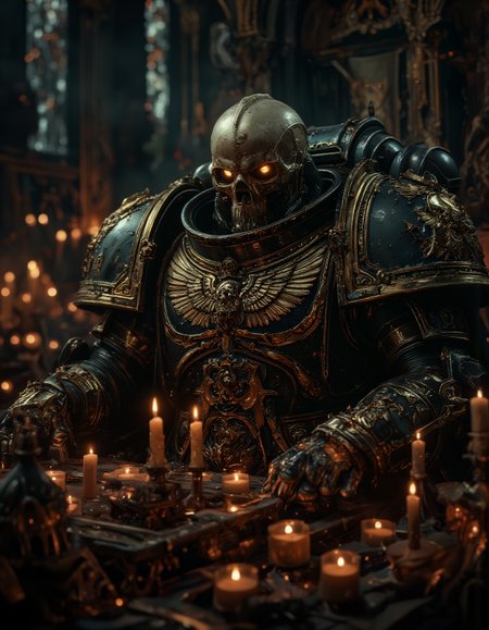 ultrareal close-up photo of a adeptus astartes space marine from Warhammer 40k , skull instead of head, glowing  eyes, moody atmospherem many many candles, backgound is churge with beatiful windows  <lora:flux_realism_lora:0.9>  <lora:Sinfully_Stylish_.02_for_FLUX:0.9>  <lora:lora:0.6> <lora:sm2:0.8> <lora:v1v1dr34m:0.9>