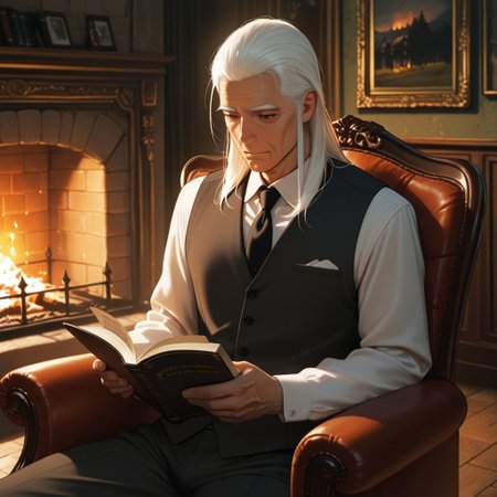 masterpiece, best quality, amazing quality, absurdres, newest, detailed background, definition so sharp, Ultra-HD, 8K cinematic, very awa, impressionate, amazing quality, highres, 
solo, male focus, manly, 
daikakukokujouji, lieutenant_white hair, lieutenant_brown eyes, 1boy, solo, old man, long hair, holding book, reading, relaxed pose,suit jacket, vest, armchair, fireplace, warm glow, stately, sophisticated, comfortable, peaceful, knowledgeable, content, joyful, gentleman