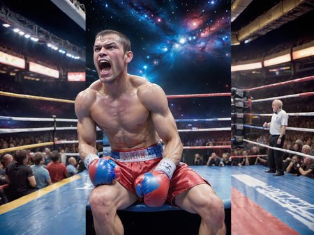 triptych, (closeup:2.0) closeup of a sweaty boxer, sitting in the corner of a boxing ring, at a giant stadium with an audience and spotlights, in outer space with a nebula and giant planets, saturn and uranus, in 2010  <lora:Triptych:1>