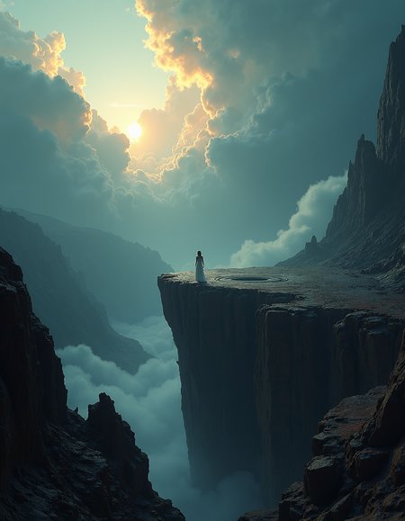 A view of a vast, dark landscape with noose interface of a race woman in a white dress is seen on the edge of a cliff. The woman stands in a large, curved arena, facing away from the viewer, while the vastness of the landscape shows no clear distinction between the brightly lit environment and the dark landscape. The turbulence of a storm or explosion dominates the scene, while the upper half of the turbulence is illuminated, contrasting the dark, rocky terrain. The rocky terrain has sharp, jagged edges that make it look like they were drawn in a digitally created masterpiece. The center cliff is a dark, rocky outcropping with a small hole in the center where the woman stands. The low-angle view captures the immense power of the gas giant turbulence.