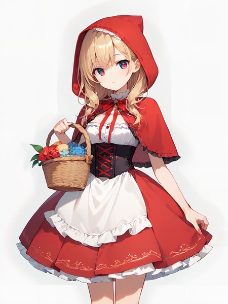score_9, score_8_up, score_7_up,source_anime, high res image,masterpiece,best quality,girl,cute face,clear skin,shiny hair,ultra detailed eyes,simple background, <lora:Little Red Riding Hood_pony_V1.0:0.8> little red riding hood, red dress, basket, skirt, corset , frills,