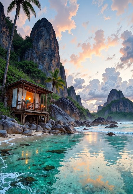 Seychelles Hidden Lagoon – Soft Linen Curtain
"A secluded white sand beach in the Seychelles, where massive granite boulders rise dramatically from crystal-clear waters. A soft linen curtain flows in the tropical breeze, partially veiling a rustic wooden cabana shaded by palm trees. The sky glows with pastel pink and lavender hues as the sun dips below the horizon, casting shimmering reflections on the gentle waves."