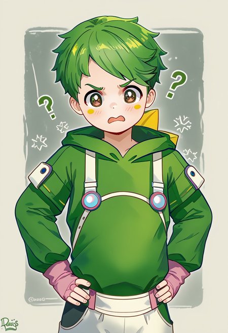 AwanoPB, 1boy, green hair, green iris, brown pupils, yellow blush, white suspenders, white round belly apron, short-sleeved green hoodie with white accents, long fingerless pink arm warmers, green pants, pink sneakers, white outsoles, <lora:AwanoPB:1>, Wangstyle,looking at viewer, <lora:DSC Style:1>DSCStyle, blush , confused ,  nervous, ??? ,solo ,, Score_9, Score_8_up, Score_7_up ,, Angry, mouth open in anger, side view, hands on hips, 
DSCStyle, round eyes, exaggerated proportions, cartoonish features, anime-inspired, cute aesthetics, cartoonish proportions, stylized anatomy, soft shading, warm color palette, semi-flat coloring, vibrant tones, warm and inviting tones, playful expressions, expressive poses, minimal texture, polished finish, whimsical atmosphere, smooth lines, glossy highlights, minimal detail, clean outlines, consistent line weight, gentle highlights,