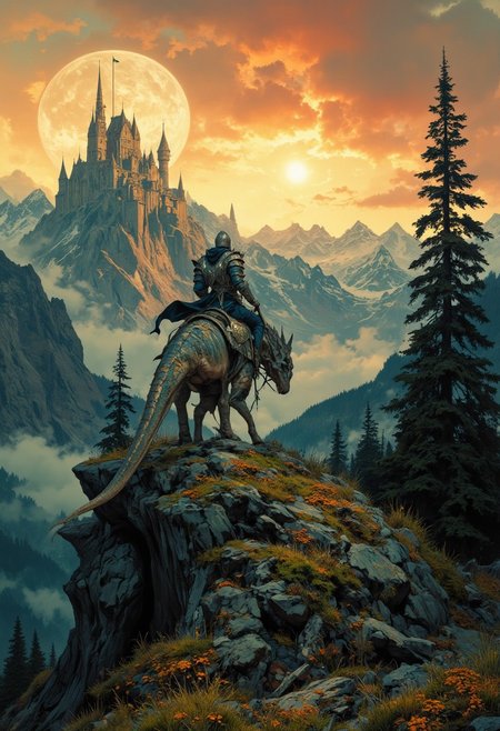 8k high quality digital painting , masterpiece, very detailed, ultra realistic, (best quality) very detailed epic masterpiece, 
unearthly beautiful, a breathtakingly beautiful landscape in the French Alps, in the foreground a shiny knight riding on a dinosaur-like dragon watches a beautiful castle in the distance, the low yellow-red sun casts long shadows, enchanting landscape, fairytale-like, calm mood, flowers in the foreground, realistic