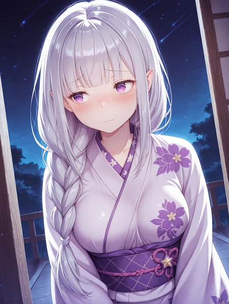 <lora:Emilia Illu:1>1girl, solo,
em1lia, pointy ears, purple eyes, grey hair, blunt bangs, long braid, medium breasts, 
kimono, floral print, night, star \(sky\), shy, 
 <lora:cfg_scale_boost:1>, masterpiece, best quality, amazing quality
