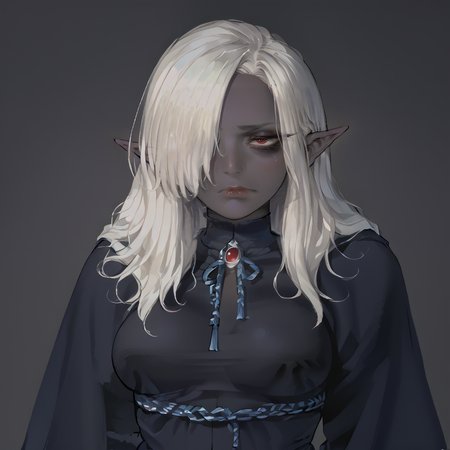 score_9, score_8_up, score_7, score_6, score_5, Score_4, rating_safe,
1girl, solo, female, (dark elf),drow, mature female, motherly, mommy,
(((black skin))), (Midnight skin), ((dark skin)), (skindentation),
long hair, (white hair), ((hair over one eye)), (blunt bangs), red eyes,
seductive eyes,
thick lips,closed mouth, prideful aroused, horny, ((tired)), (sad), (bags under eyes), (annoyed),
((medium breasts)),
robes,
standing, default pose,
blank background, empty background,
arms behind back,
((headshot)), (portrait),
<lora:Vanillaware_all_in_one_PonyXL_style_v01:0.4>,  <lora:Turtle.Fish.Paint_Hirame_Sensei_Assorted_Doujins_Art_Style_Blend_PonyXL:0.6>,  <lora:style_nijiserenepastel:0.3> style,  <lora:Syvaron:0.2>,  <lora:ratatatat74_mr.skulls_MY_HERO_HAREM_Doujin_Artstyle_PonyXL:1> <lora:ra_xl_v2:0.6>
<lora:ntl_pdxl:0.5> ntl_style <lora:Drow_Female_-_Sinue:0.5>