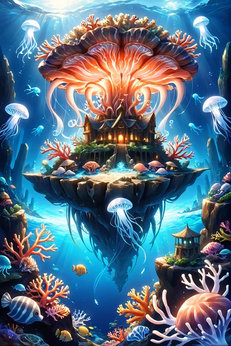 A surreal and dreamlike scene of an underwater floating rock, adorned with ancient civilization structures on its surface. Surrounding the rock are rare deep-sea creatures exhibiting blue bioluminescent properties, casting an ethereal glow in the water. Coral formations and a deep-sea trench add to the mystical atmosphere. The details are hyper-realistic, capturing the textures of the ancient buildings, the vibrant colors of the bioluminescent creatures, and the intricate patterns of the coral and deep-sea landscape. jellyfish, squid,
<lora:ral-fntsyrlms-sdxl:0.7> ral-fntsyrlms,
<lora:add-detail-xl:1.0>,
<lora:EnvyBetterHiresFixXL01:1.0>,
<lora:extremely_detailed:1.0>, extremely detailed,
<lora:EldritchMixIllustration_1.1:0.6>,
<lora:xl_floating:0.8> floating island, surreal,