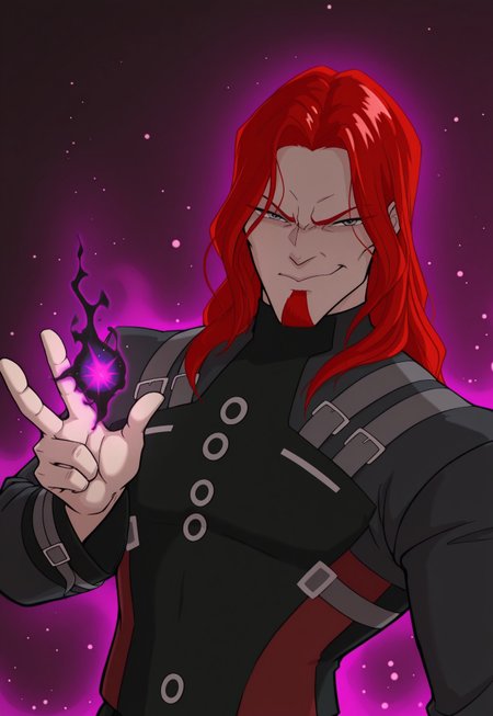 solo, masterpiece, modern, new, 1boy, male, masculine face, daddy looking face, w0lfc0nf

WinxOgron, red hair, long hair, goatee, black uniform, dark magic, using magic