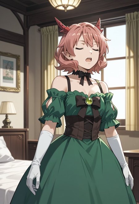 score_9,score_8_up,score_7_up,source_anime,FAFNIR_GUILDMELAG_LINDA_BLAIR_HANAKO,1girl,solo,open mouth,gloves,dress,bow,ribbon,bare shoulders,collarbone,closed eyes,choker,indoors,elbow gloves,white gloves,profile,dragon horns,green dress,