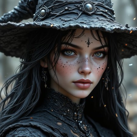 1girl, Beauty, nightmare, horror, high quality, ultra hd, enhanced detail, crystal clear, high definition color, high definition texture, sharpen, perfect imperfection, masterpiece, monster, nightmare, fear, hkmagic, cartoony anime, beautiful witch, witch hat,