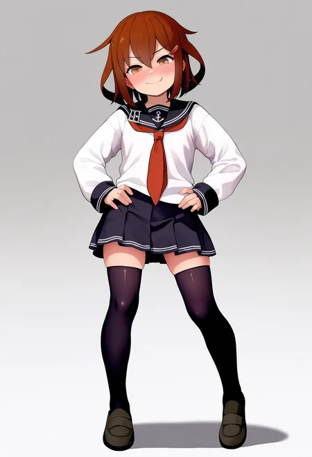 best quality, amazing quality, very aesthetic, absurdres,
1girl, ikazuchi \(kancolle\), brown hair, short hair, brown eyes, hairclip, fang,
anchor symbol, black sailor collar, long sleeves, neckerchief, school uniform, serafuku, pleated skirt, thighhighs, loafers,
hands on hips, smile,full body, solo, looking at viewer, simple background, white background,    <lora:IkazuchiNoobXL_byKonan:1>