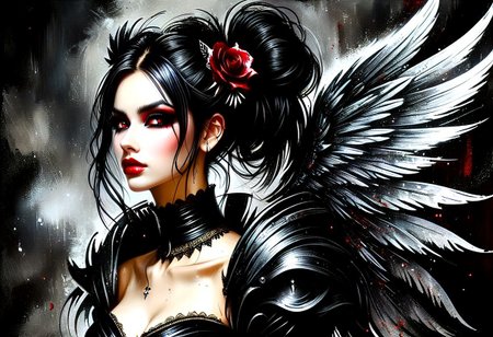 dark macabre wet watercolor portrait of a Fantasy hyper detailed steampunk unique ultra Realistic boujie goth evil Demon angel in beautiful Black dress, big tattered angel wings on back , dark goth make up, Black hair in messy updo bun with red highlights, big clear eyes, dark night, Glamour Shot, very close up(1.5) head and shoulders portrait, insanely detailed and intricate, hypermaximalist, elegant, ornate, hyper realistic, super detailed, glitter decadent detailed, centered in frame, 8k resolution, art by Anders Zorn | Marco Mazzoni | Yuri Ivanovich, Todd McFarlane, Aleksi Briclot, oil on canvas