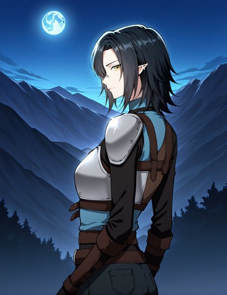 <lora:Helen_Shard__The_Beginning_After_the_End__Illustrious:1>
1 girl, solo, elf, pointy ears, black hair, medium hair, yellow eyes, blue shirt, pants, fingerless gloves, armor, shoulder armor, belt, ear piercing,
blue shirt, pants, fingerless gloves, armor, shoulder armor, belt, ear piercing
score_9, score_8_up, score_7_up, source anime, BREAK, cowboy shot, (from side), looking back, looking at viewer, overlooking mountain, high altitude, scenery, exterior, background, (solo), night, blue moon