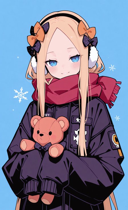 masterpiece, best quality, good quality, newest, highres, absurdres, 
abigail williams \(fate\), 1girl, solo, long hair, looking at viewer, blush, smile, blue eyes, simple background, blonde hair, long sleeves, bow, jacket, upper body, hair bow, parted lips, scarf, black jacket, sweater, parted bangs, sleeves past wrists, black bow, blue background, stuffed toy, stuffed animal, polka dot, forehead, sleeves past fingers, red scarf, teddy bear, orange bow, winter clothes, earmuffs, snowflakes, holding stuffed toy, polka dot bow, multiple hair bows, Flat vector illustration,
10F0UR_style, <lora:illustriousXL_stabilizer_v1.23:0.3> <lora:NOOB_vp1_detailer_by_volnovik_v1:0.3> <lora:ponyv6_noobE11_2_adamW-000017:0.45> <lora:checkpoint-e18_s306:1.2> <lora:10F0UR_illu:0.85>