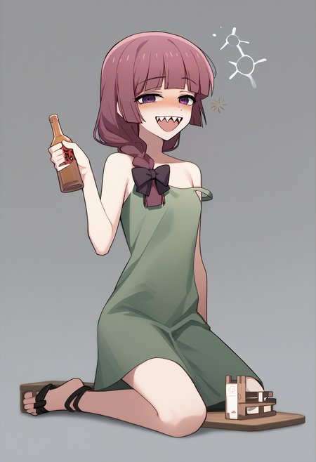 score_7_up, score_6_up, <break> simple background, white background, solo, 1girl, hiroi kikuri, sharp teeth, drunk, smile, open mouth, kneeling, holding alcohol, single braid, hair over shoulder, hair bow, purple eyes, green dress, strap slip, sandals, bare shoulders
 <segment:yolo-face_yolov8m.pt,0.4,0.5//cid=1>