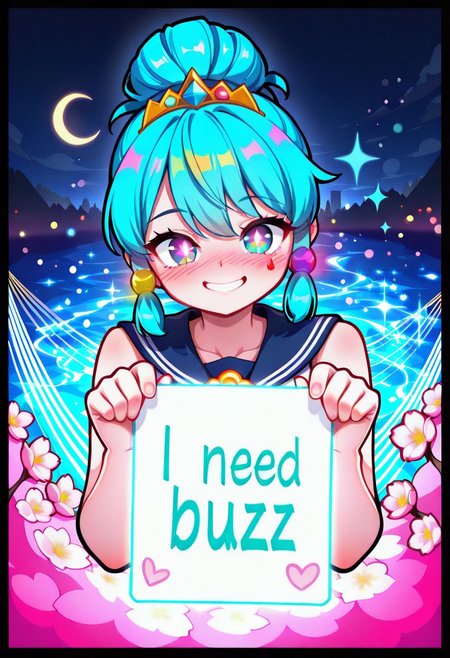 (ULTRA VIRAL:1.3), (masterpiece, 8k, Unreal Engine:1.2), 1girl, [SAILOR MOON:Bishoujo Senshi:0.95], iconic odango hairstyle, BLUE EYES SHINING WITH HOPE,  
<RAZOR FOCUS:  
- Crystal sign panel: ((panel with message "I NEED BUZZ, PLEASE, POWER MY MOON PRISM!")), (glowing kanji + dollar sign sparkles),  
- Classic sailor collar (red/blue),  
- Golden brooch emitting light particles,  
- Glimmering tiara,  
- PERFECT DYNAMIC POSE: leaping forward, finger pointed DIRECTLY AT VIEWER>,  
AESTHETIC NOSTALGIA BOMB:  
- Magical sparkles, cherry blossoms, crescent moon bokeh,  
- Background: Tokyo at twilight (rainbow city lights + Rainbow Bridge cameo),  
- Cinematic lens flare, ethereal glow on skin,  
- (Gentle blush:1.1), determined smile,  
- Stylized text bubble: "Your Buzz = My Magic!" (upper corner),  
TECH MAGIC:  
trending on CiviTAI, absurdres:1.5, volumetric light, hyperdetailed fabric