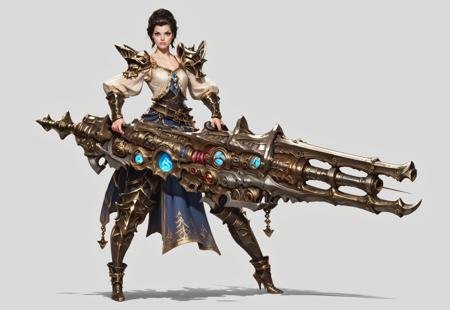 score_9, score_8_up, score_7_up, rating_safe, concept art, semi-realistic, 1girl, solo, 
Young beautiful face, fit body, 
HHWeapon, Holding weapon, ((Huge weapon)),
Holding weapon with two hands.
Fantasy gun. 
Simple background.